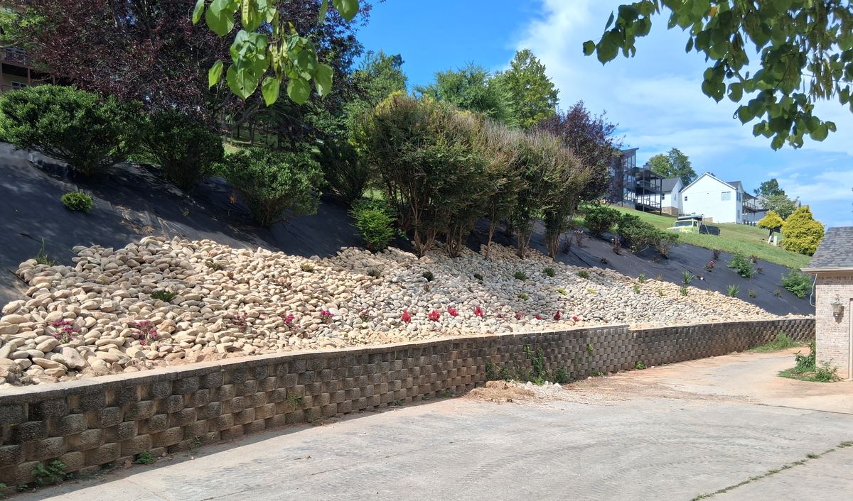 A long block retaining wall along a driveway, holding a river rock slope with new plantings